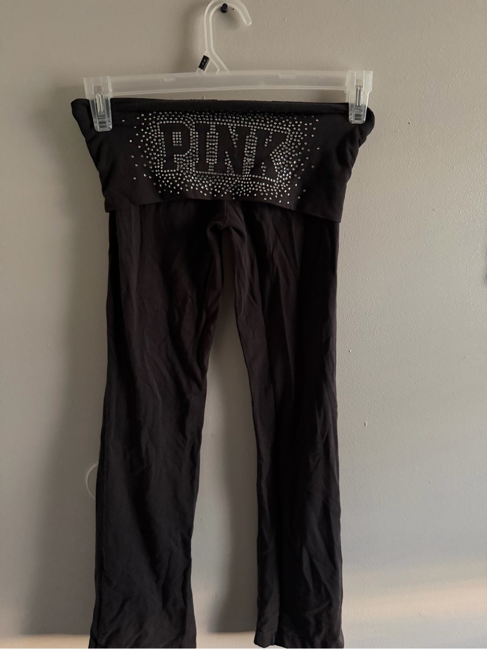 Y2K: Victoria's Secret PINK Black Fold-Over Yoga Pants with Rhinestone Logo